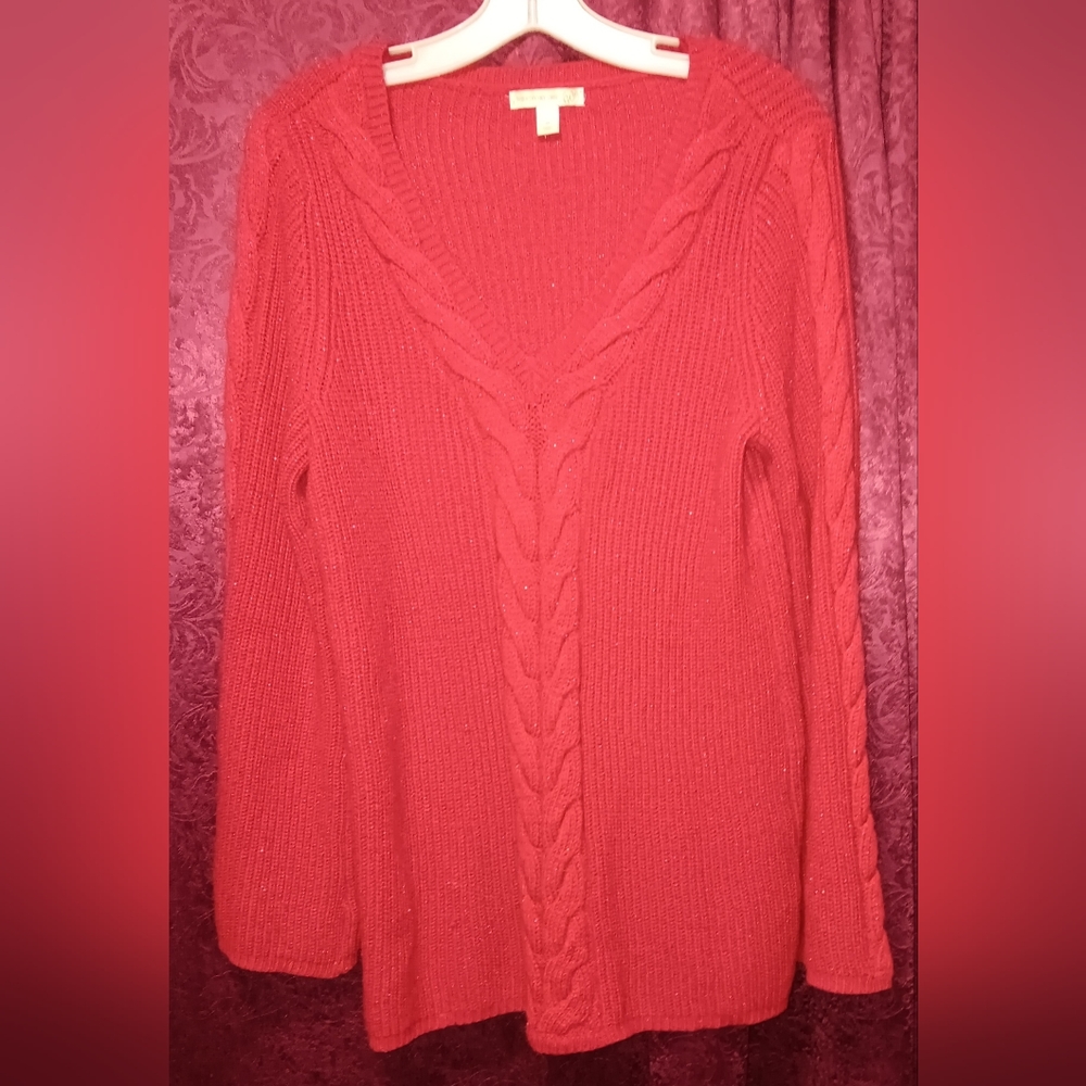 Westport Red/Maroon Metallic Shimmer Cable chunky knit Pullover sweater Size M